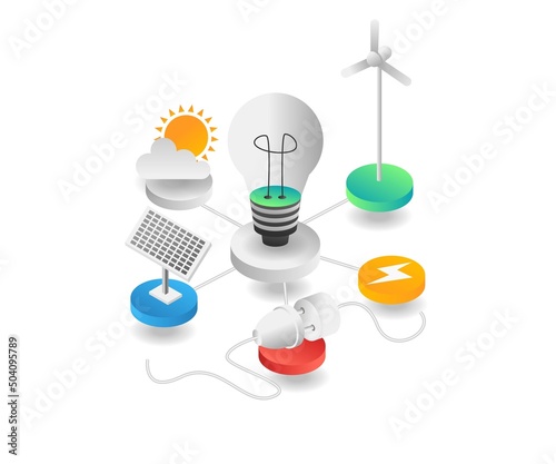 Flat isometric illustration concept. electrical energy with solar panels