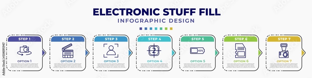 infographic template with icons and 7 options or steps. infographic for electronic stuff fill concept. included flip camera, clapperboard, portrait, video file list, battery almost full, memory - obrazy, fototapety, plakaty 
