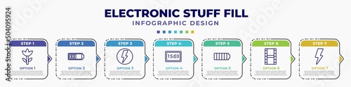 infographic template with icons and 7 options or steps. infographic for electronic stuff fill concept. included ro, half battery, flash, camera big screen size, full battery, film roll, blitz flash