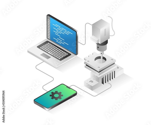 Flat isometric illustration concept. computer and smartphone control cnc milling machine head