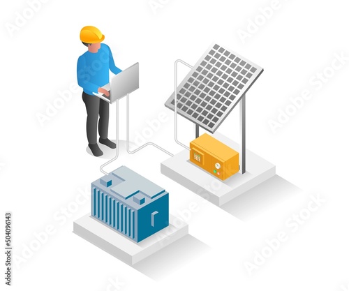Flat isometric concept illustration. technician installing solar panels
