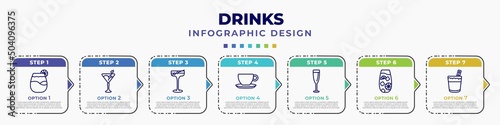 infographic template with icons and 7 options or steps. infographic for drinks concept. included pisco sour, 007 martini, manhattan, espresso, glass of wine, tom collins, white russian drink