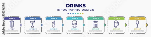 infographic template with icons and 7 options or steps. infographic for drinks concept. included paper cup, cosmopolitan, ramos gin fizz, armagnac, wine list, beer mug, glass with wine editable