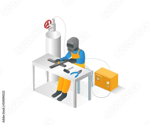 Flat isometric concept illustration. man welding iron