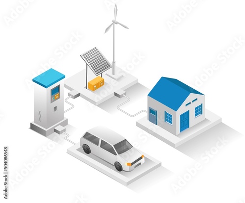Flat isometric concept illustration. house with electric car charger