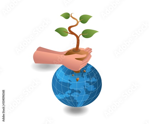 Flat isometric concept illustration. hands holding the ground with plants above the earth