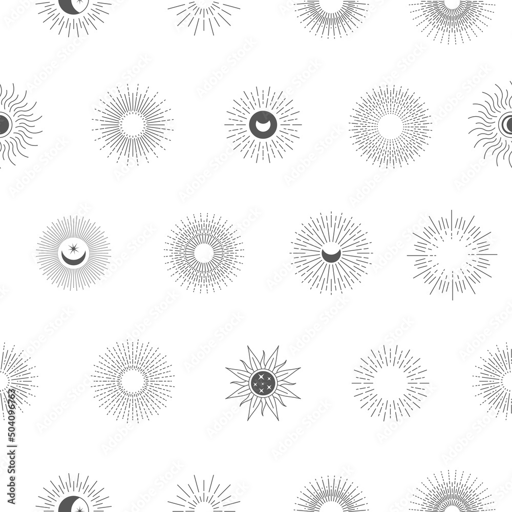 Line sun pattern. Seamless print with sun bohemian decorative outline elements. Vector texture Line sun pattern. Seamless print with sun bohemian decorative outline elements. Vector texture