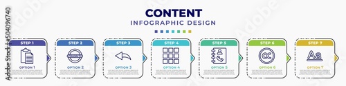 infographic template with icons and 7 options or steps. infographic for content concept. included paste, priority, reply, thumbnails, phone book, creative commons, text format editable vector.