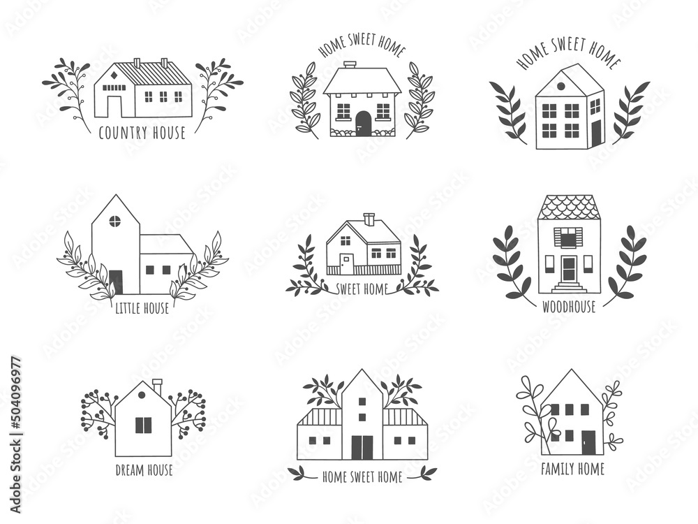 Doodle house logo. Cute hand drawn rural farm and country cottage with floristic elements, real estate line emblem. Vector scandinavian houses set