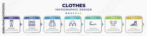 infographic template with icons and 7 options or steps. infographic for clothes concept. included boyfriend low jean, knit hat with pom pom, tulle skirt, jewelry, flat shoes, peplum top, gladiator