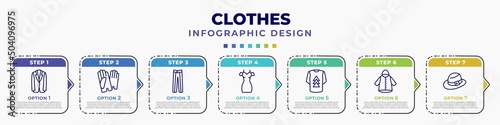 infographic template with icons and 7 options or steps. infographic for clothes concept. included jersey blazer, leather gloves, oxford wave suit pants, drees, t shirt with de, nylon jacket, men hat