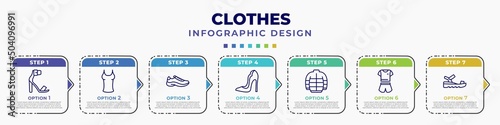 infographic template with icons and 7 options or steps. infographic for clothes concept. included heels, tanktop, sneaker, high heel, puffer jacket, pijama, sandals editable vector.