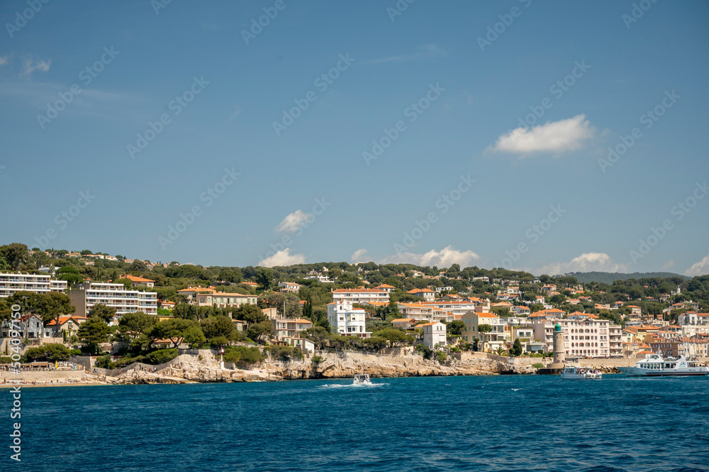 View from seaside on Cassis, boat excursion to Calanques national park in Provence, France