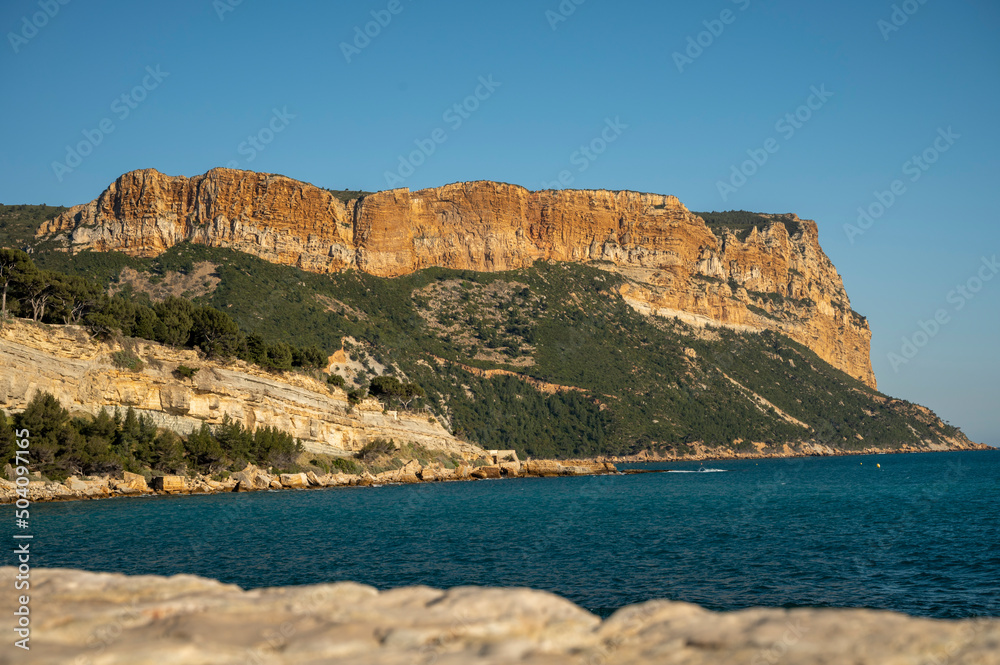 View from beach of Cassis, boat excursion to Calanques national park in Provence, France