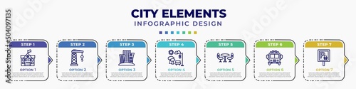 infographic template with icons and 7 options or steps. infographic for city elements concept. included city hall, tower crane, skyscrapper, park, chair and table, fire truck, parking editable