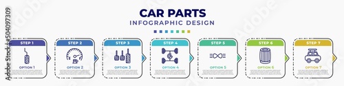 infographic template with icons and 7 options or steps. infographic for car parts concept. included car pedal, car petrol gauge, accelerator, suspension, parking light, oil filter, roof editable