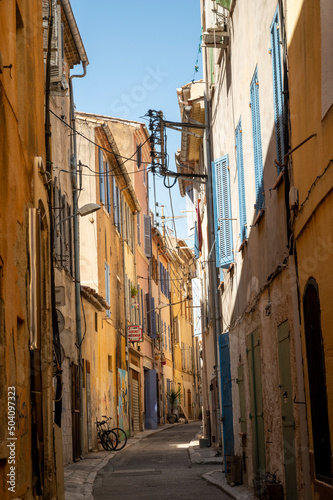 Sunny day in South of France, walking in ancient Provencal coastal town La Ciotat, Provence, France