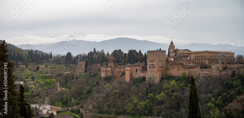 View on medieval fortress Alhambra and snow on Sierra Nevada mountains, Granada, Andalusia, Spain