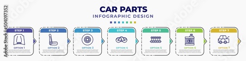 infographic template with icons and 7 options or steps. infographic for car parts concept. included car hood, car bucket seat, tyre, dashboard, crankshaft, radiator, taiate editable vector.