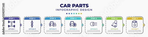 infographic template with icons and 7 options or steps. infographic for car parts concept. included car chassis, car coil, lock, spare wheel, headlight, towbar, petrol tank editable vector.