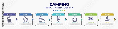infographic template with icons and 7 options or steps. infographic for camping concept. included sleeping bag, gas, thermos, toilet, canteen, caravan, boots shoes editable vector.