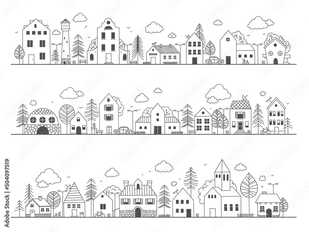 Doodle town street. Cute rural buildings with trees, hand drawn country neighborhood sketch with little houses. Vector childish scene