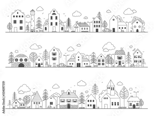 Doodle town street. Cute rural buildings with trees, hand drawn country neighborhood sketch with little houses. Vector childish scene