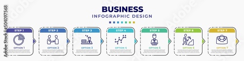 infographic template with icons and 7 options or steps. infographic for business concept. included quarter pie chart, men shaking hands, sleepy worker at work, value pointer, chief executive
