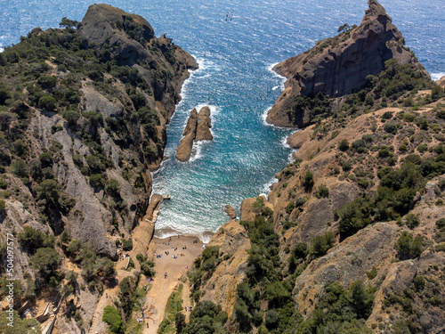 Rocher du capucin cliff in blue Calanque de Figuerolles near La Ciotat, Provence, France