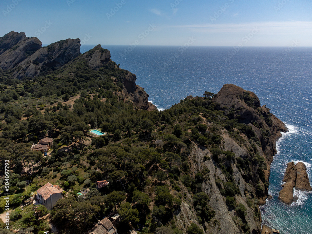 Aerial panoramic view on houses and sea near blue Calanque de Figuerolles in La Ciotat, Provence, France