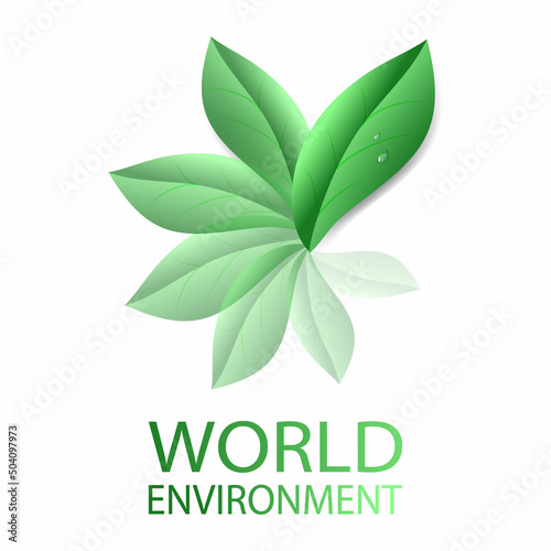 Environmental Concept. Dimensional green leaves in the shape of a flower. A drop of clean water. Care of nature. Realistic vector illustration. World Environment Day.