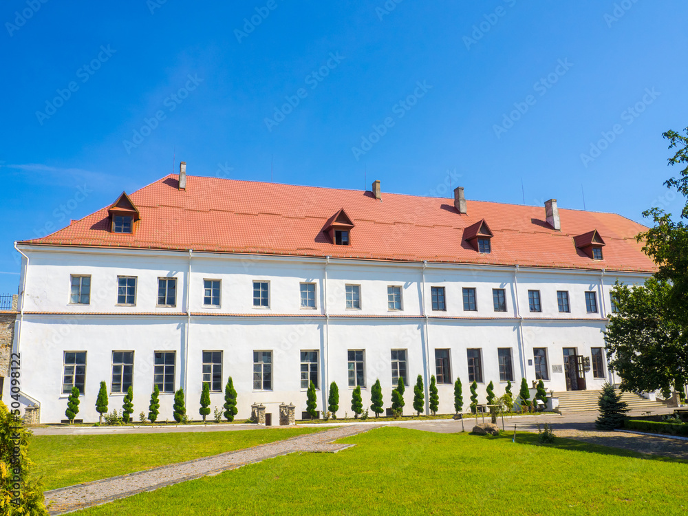 Palace building of the medieval Dubno Castle at Dubno town, Rivne region, Ukraine. Travel destinations in Ukraine. Scenic view of the castle, which was founded by Konstantin Ostrogski.