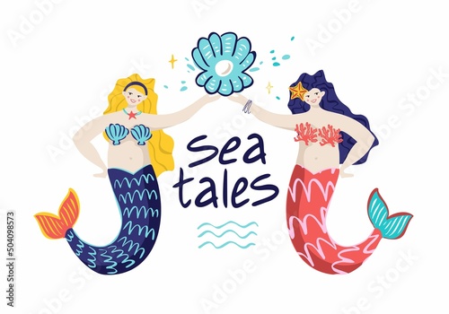 Two cheerful mermaids are holding an open shell with a pearl isolated on white. Banner concept about sea tales, a magical underwater world for postcards, posters, parties. Cartoon vector illustration