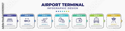 infographic template with icons and 7 options or steps. infographic for airport terminal concept. included taxi, airplane security belt, departures flights, duty free basket, purse with bill,