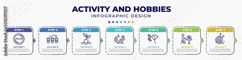 infographic template with icons and 7 options or steps. infographic for activity and hobbies concept. included dealer, beer pong, hydroponics, camp, butterfly catcher, insect collecting, yarn ball