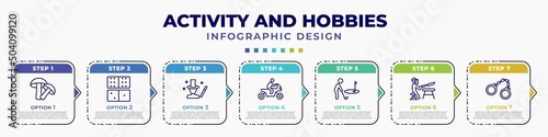 infographic template with icons and 7 options or steps. infographic for activity and hobbies concept. included mushrooming, dominoes, magician, motorcycle riding, golf playing, knife making, arrest