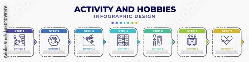 infographic template with icons and 7 options or steps. infographic for activity and hobbies concept. included pachinko, greeting, downhill, checkers, wood carving, collecting, heart rate editable