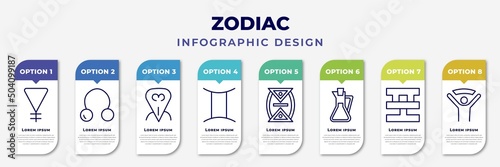 infographic template with icons and 8 options or steps. infographic for zodiac concept. included soapstone, coagulation, devotion, gemini, time changes, vinegar, standard of quality, encouragement