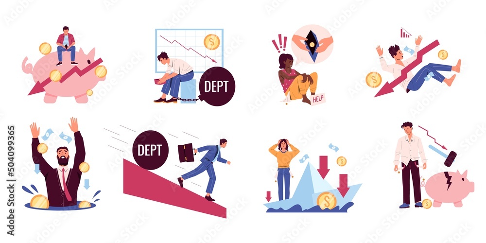 Financial crisis. Business bankruptcy, money loss, and economy collapse cartoon concepts with business characters. Vector credit and loan scenes