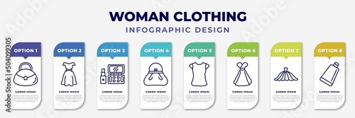 infographic template with icons and 8 options or steps. infographic for woman clothing concept. included hobo shoulder bag, female sexy dress, makeup, female black handbag, polo shirt for women,