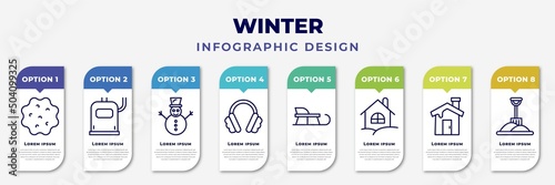 infographic template with icons and 8 options or steps. infographic for winter concept. included snow ball, heater, snowman, earmuffs, sledge, chalet, winter cabin, winter shovel editable vector. photo