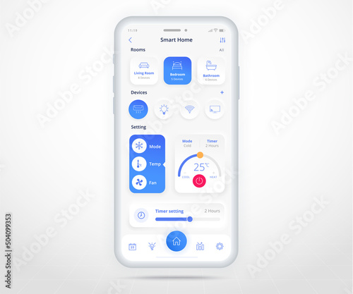 Smartphone smart home air conditioner controlled app UX UI, IOT Internet of things technology, Digital future home automation tech, smart devices application phone, Wifi lighting, vector illustration