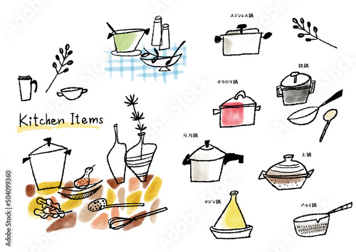 鍋のイラスト　落書き　線画のシンプルなキッチンアイテム　ベクター