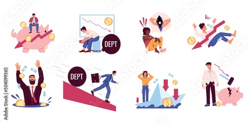 Financial crisis. Business bankruptcy, money loss, and economy collapse cartoon concepts with business characters. Vector credit and loan scenes