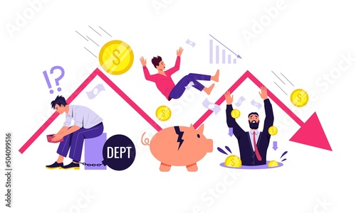 Money loss. Financial crisis and business bankruptcy concept with depressed businessmen characters under falling arrow. Vector illustration
