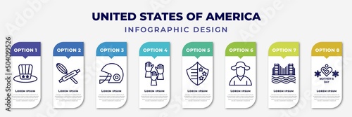 infographic template with icons and 8 options or steps. infographic for united states of america concept. included independence day, bake, rugby helmet, democracy, usa shield, george washington,