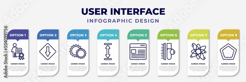infographic template with icons and 8 options or steps. infographic for user interface concept. included man certificate, low, gear option, height, images interface, ink level, nuclear cells,