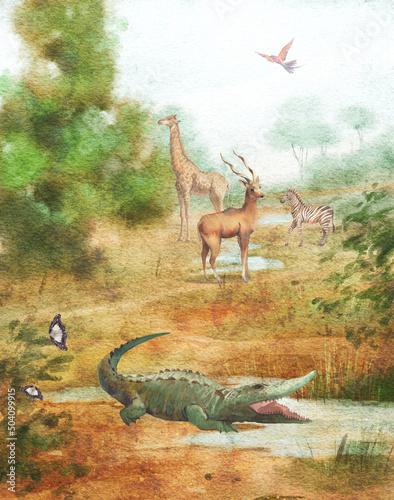 Watercolor african scene. Hand painted landscape of jungle with crocodile  giraffe  antelope. Beautiful safari view