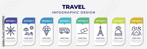 infographic template with icons and 8 options or steps. infographic for travel concept. included rudder, sun bath, icecream, motorhome, rubber, eiffel tower, hotel bell, camping tent editable