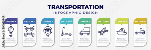 infographic template with icons and 8 options or steps. infographic for transportation concept. included hot air balloon, quad, electric car, scooter, lorry, kayak, sailboat, truck editable vector.